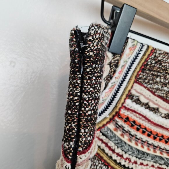 Zara Woman Tweed Woven Boho Mini Skirt Sz L Black Ivory Rust Rose - Picture 5 of 10